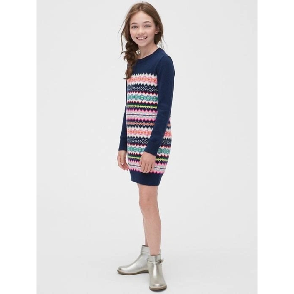 3/25 Gap Kids Girl Fair Isle Navy Blue Long Sleeve Crew Sweater